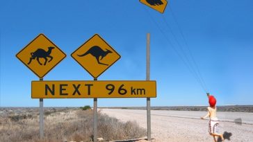 Funny Boy Flying a Road Sign as a Kite